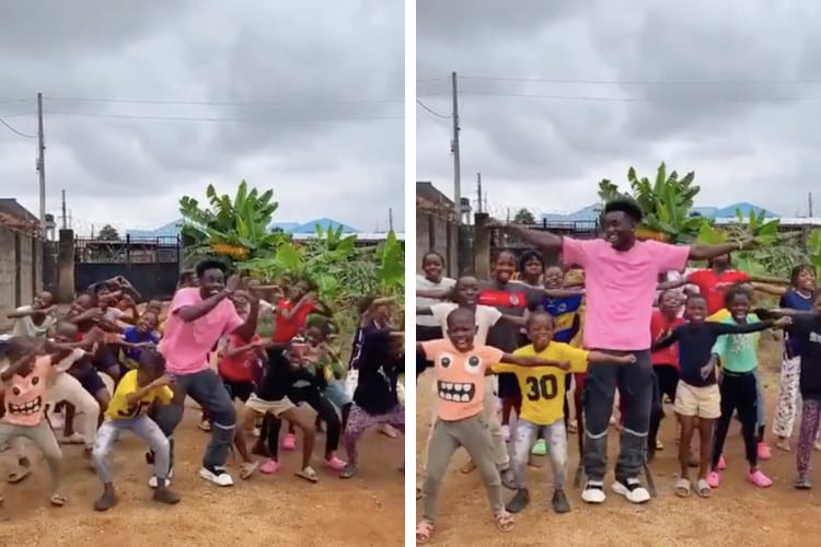 screenshots of video showing group of kids performing a dance with the choreographer who created it