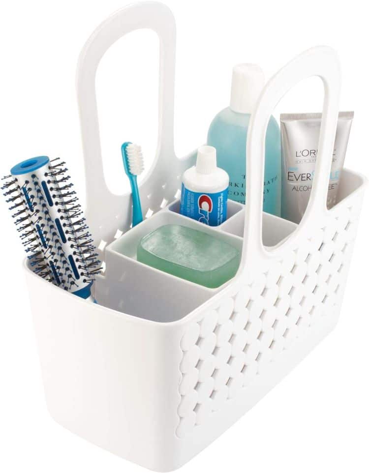 White Shower Caddy With Carry Handle And Bathroom Supplies