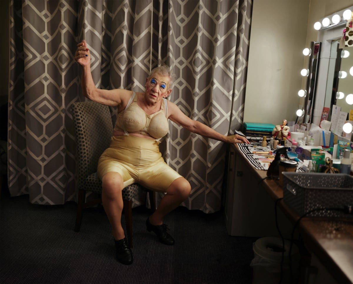 Actor Ian McKellen in his West End dressing room as he prepared to perform the character of Mother Goose