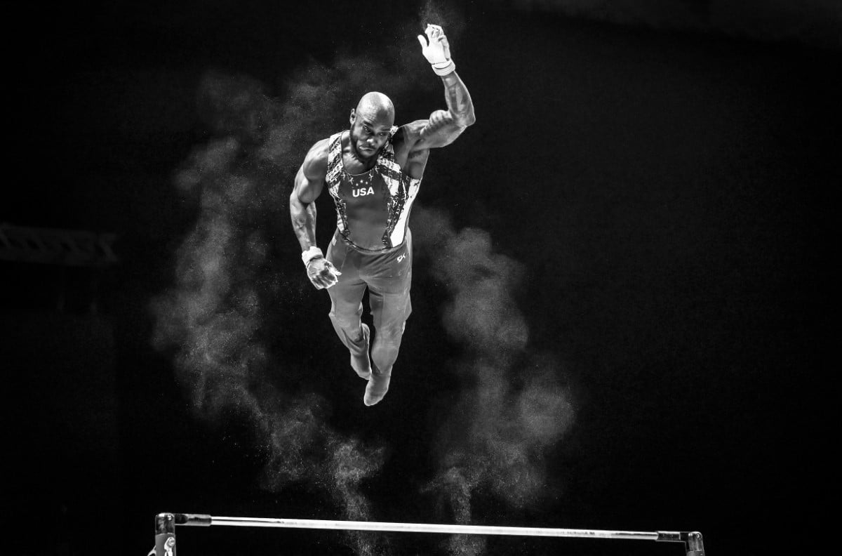 Donnell Whittenburg of USA competing on the high bar during men's qualifications at the World Artistic Gymnastics Championships