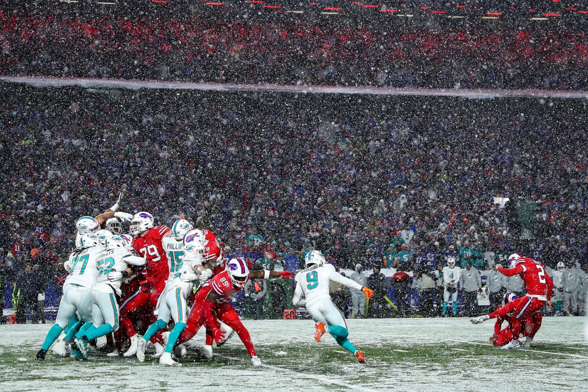Buffalo Bills place kicker Tyler Bass (2) kicks a game-winning field goal as time expires during the fourth quarter of an NFL football game