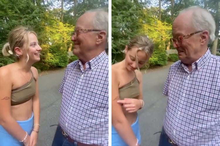 Screenshots of video showing a daughter presenting her Alzheimer's tattoo following her dad's diagnosis