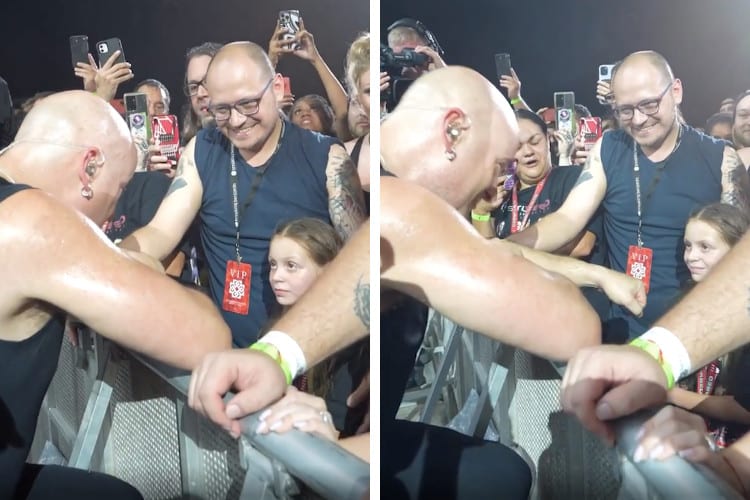 Screenshots of video showing the lead singer of disturbed stopping a concert to comfort a crying child on the front row