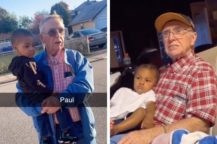 82-year-old Paul Callahan carries a toddler