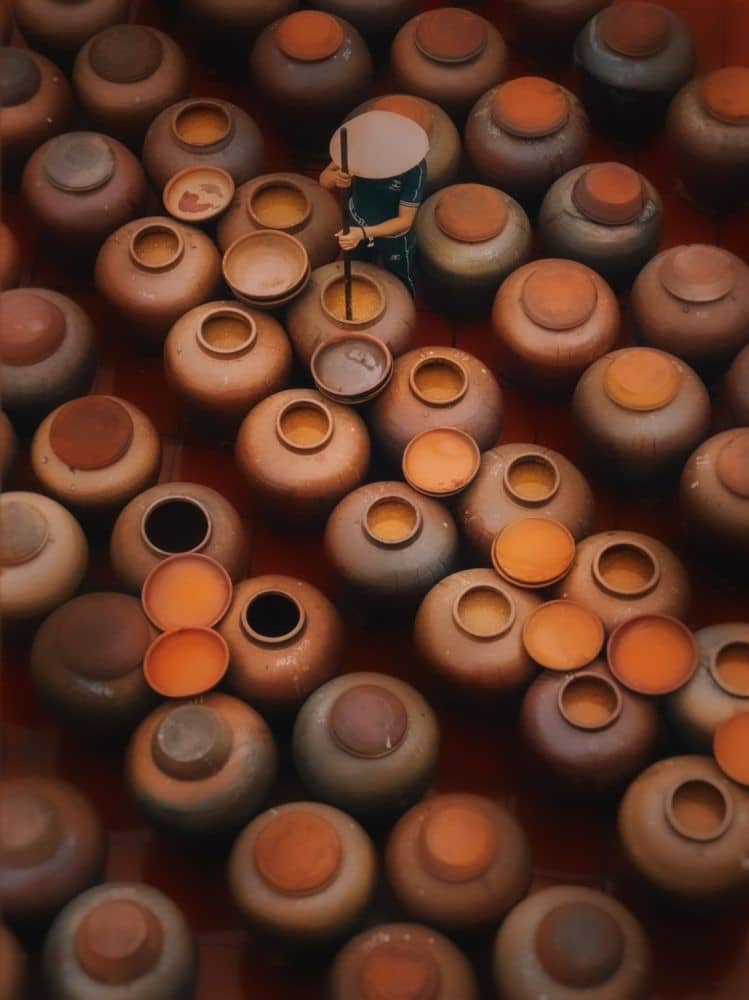People walking among pots of soy sauce in Vietname