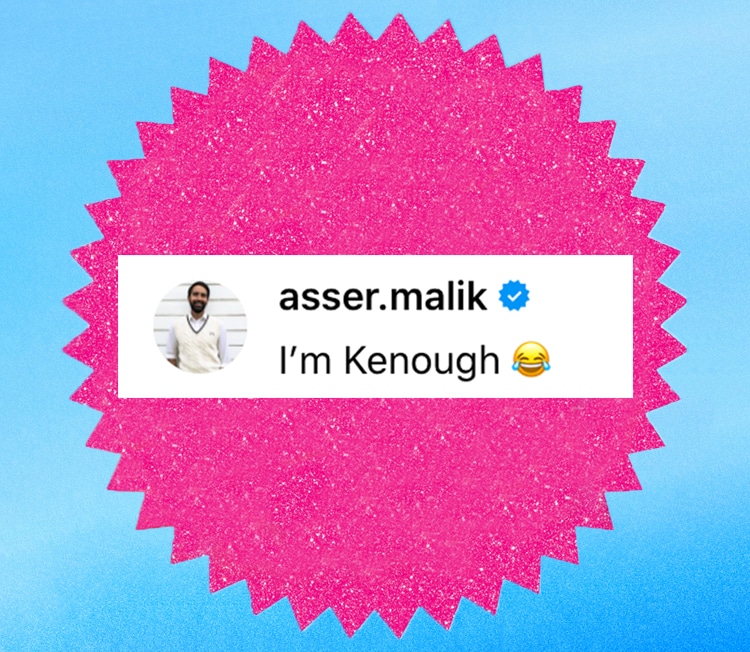 Asser Malik message on Threads that reads "I'm Kenough" with a laughing face emoji. The message is superimposed over the Barbie movie poster meme.