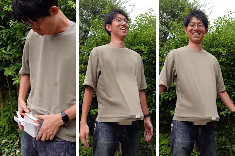 Screenshots of video showing how an automatic shirt flapper gadget works