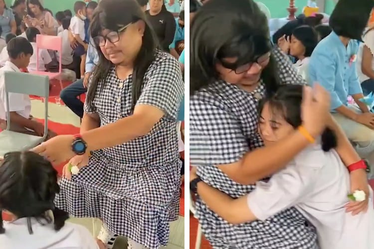 Dad dresses up as a mom for Mother's day event and hugs daughter