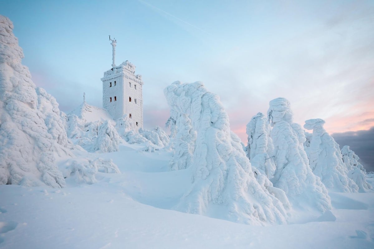 Fichtelberg Mountain and meteorological station covered in ice and snow