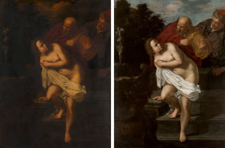 Artemisia Gentileschi, Susanna and the Elders,c.1638–9, before and after the completion of extensive conservation treatment.