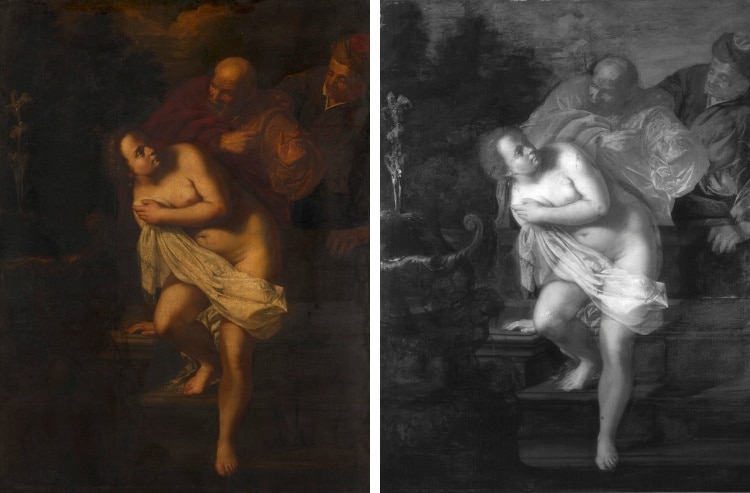 "Susanna and the Elders" prior to conservation (left) and using infrared reflectography (right).