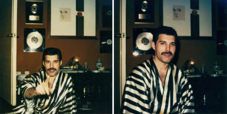 Freddie Mercury in a black and white kimono