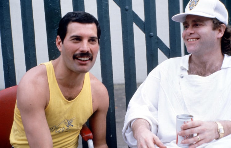 Freddie Mercury and Elton John at Live Aid, Wembley Stadium, London, 1985. Credit_ Nils Jorgensen, Richard Young, Shutterstock