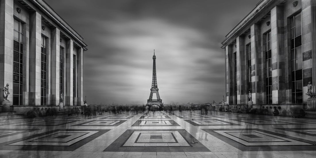 Black and white panorama of the Eiffel Tower