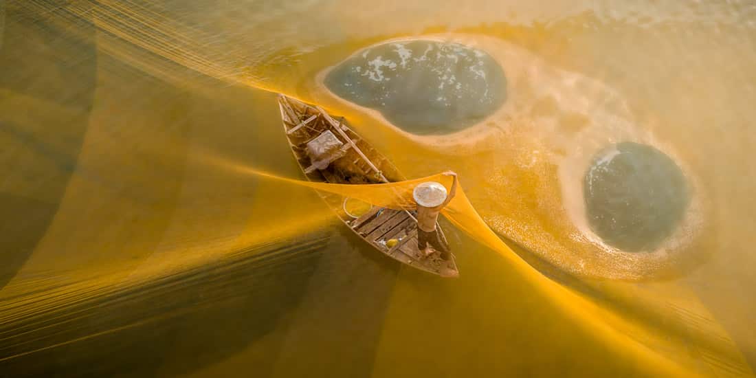 Panorama of Fisherman with Net in Vietnam