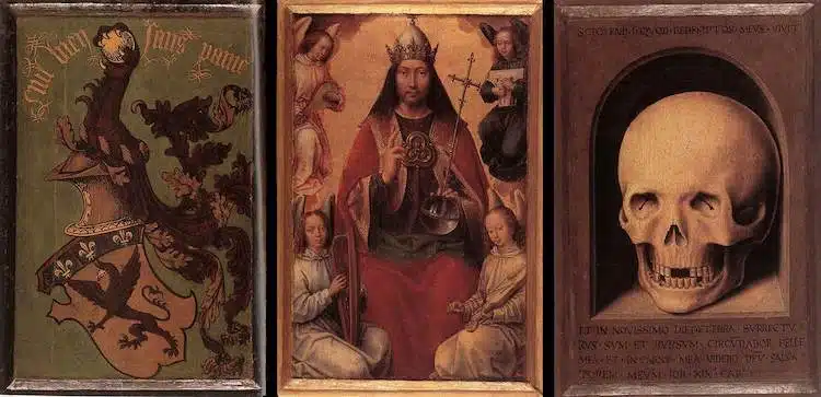 Triptych of Earthly Vanity and Divine Salvation Hans Memling rear presentation