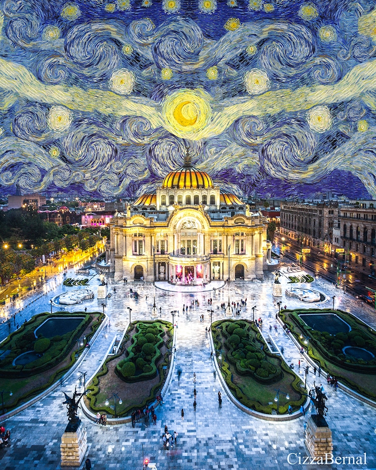 Palace of Fine Arts in Mexico City with swirly sky