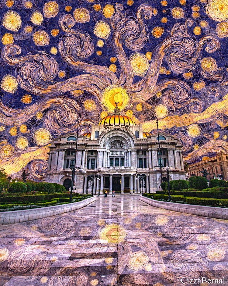 Palace of Fine Arts in Mexico City with swirly sky