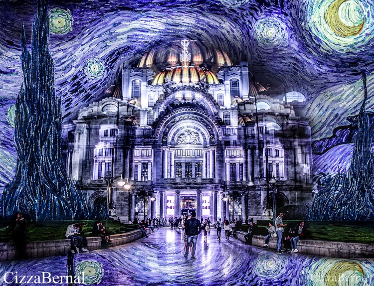 Palace of Fine Arts in Mexico City with swirly sky