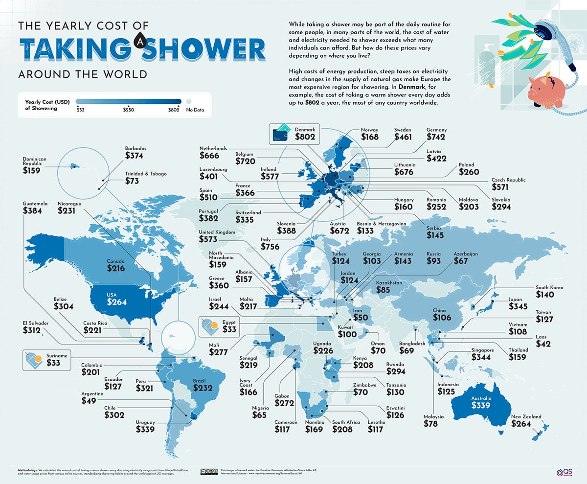 map of cost of shower around the world