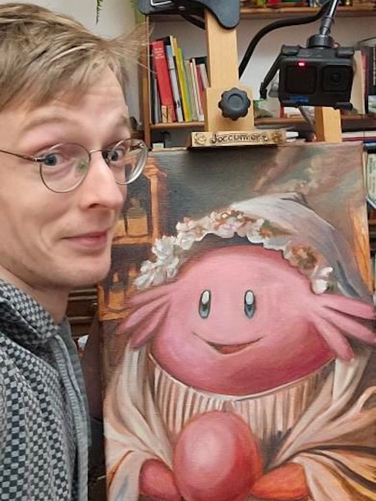 Artist Joccum with Chansey pokemon oil painting