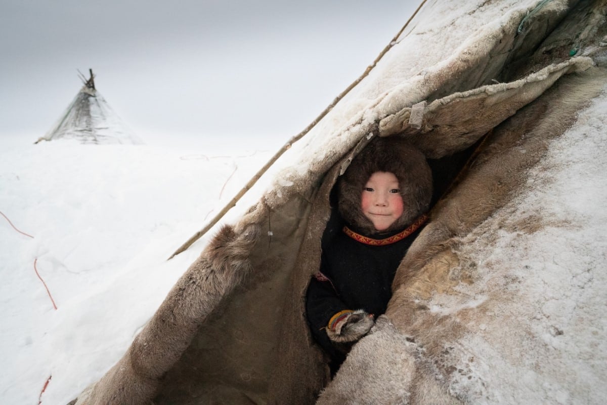 Nenets boy peering out of a tent