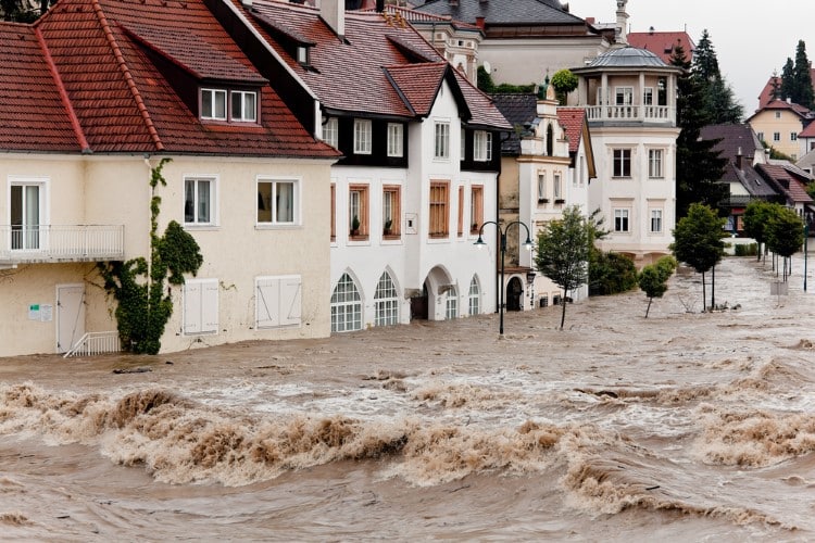 Flooding in the streets with buildings