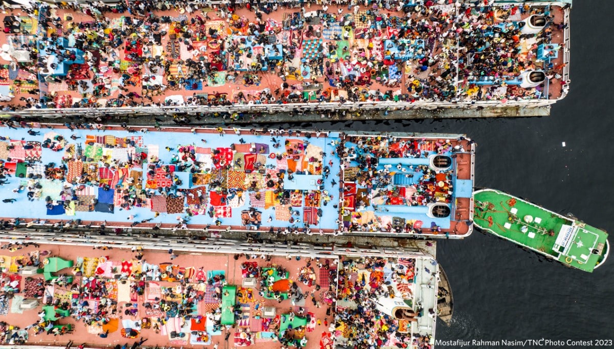 Aerial view of crowded ferries in Dhaka