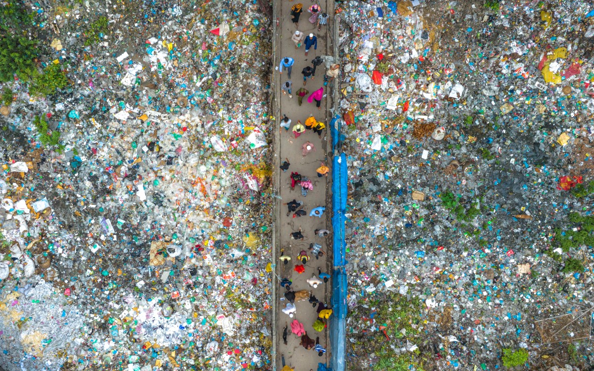 Aerial view of plastic waste in Dhaka, Bangladesh