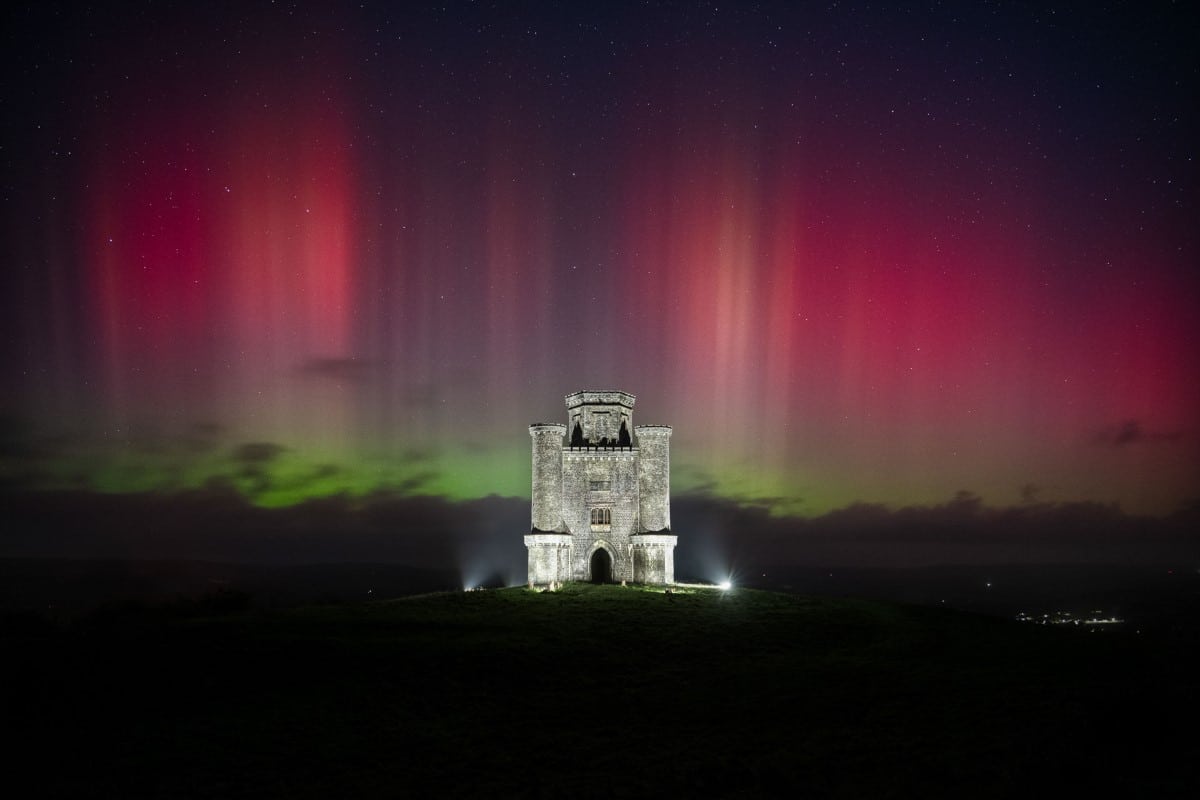 Northern lights over Paxton’s Tower in Wales