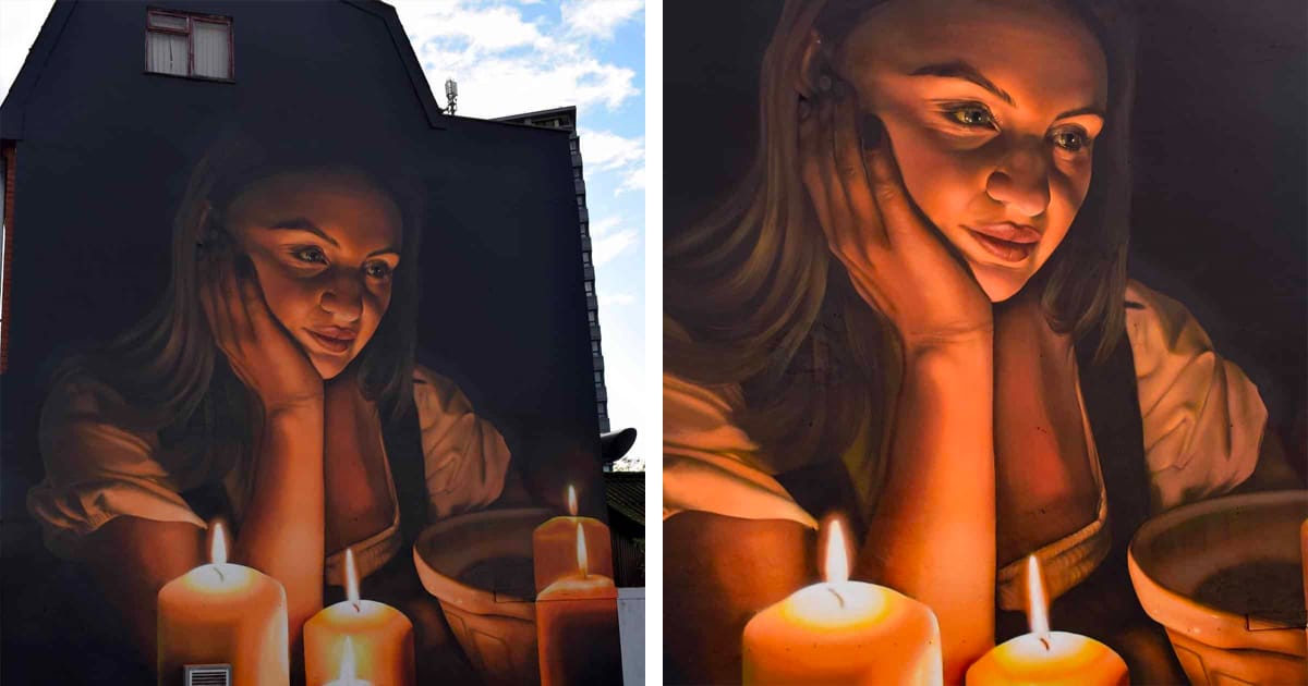 Artist Lights Up Building Façade With Mural of a Girl With Candles