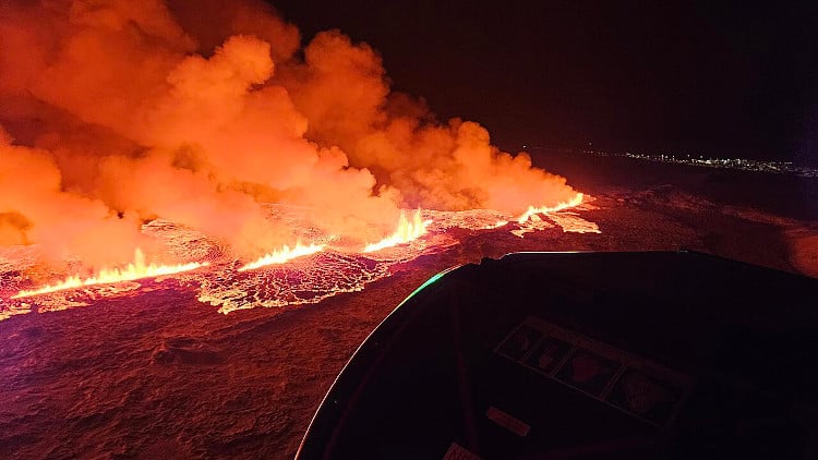 aerial shot of iceland volcano eruption