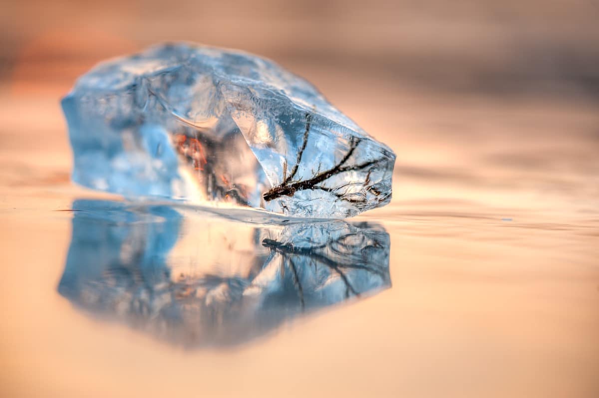 A small stick is trapped inside a fragment of ice.
