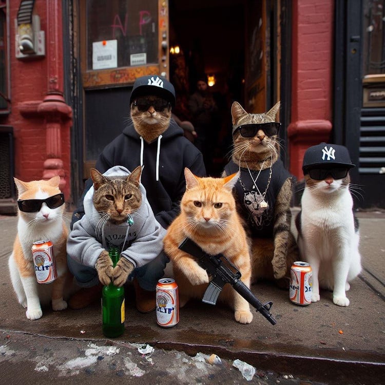ai-generated images of cats sitting on a sidewalk wearing hoodies and drinking