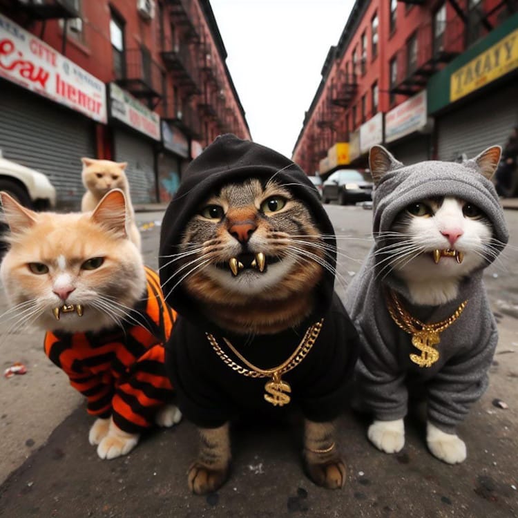 cats wearing hoodies and chains walking down the street