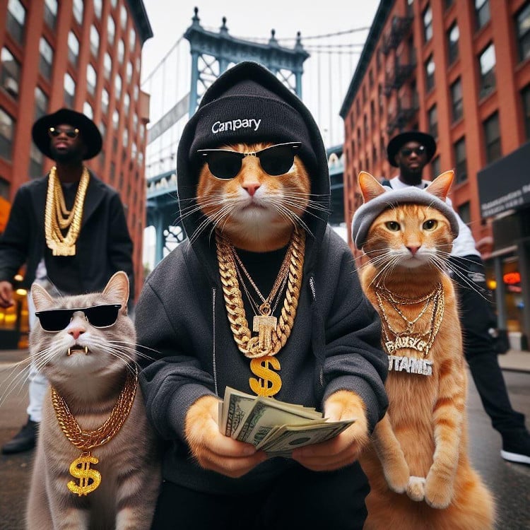 cats walking down the street in hoodies and chains