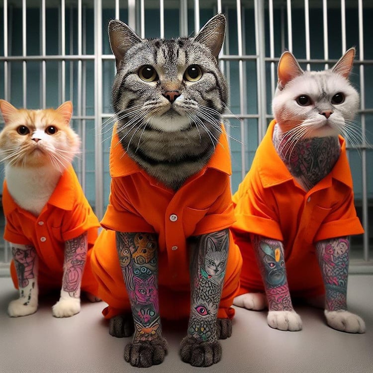 cats wearing orange suits in jail