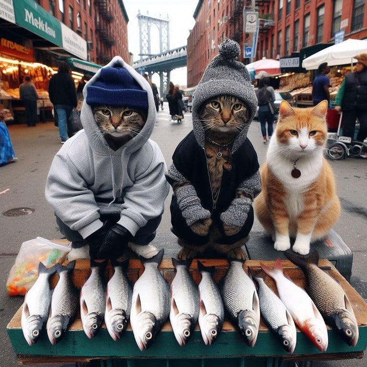 cats wearing hoodies selling fish