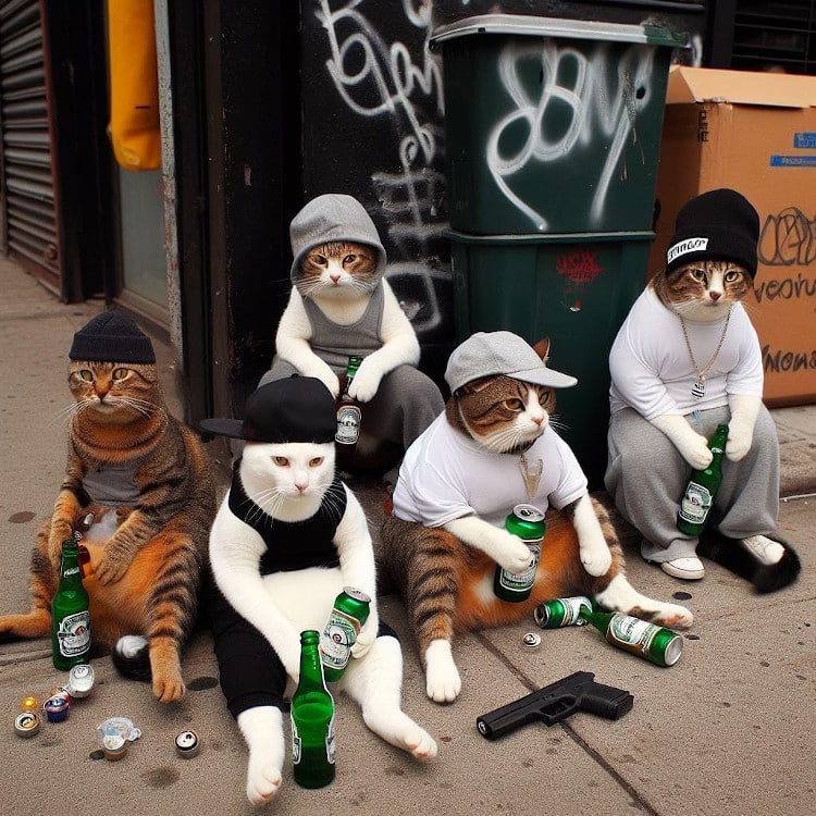 cats loitering wearing hoodies and hats