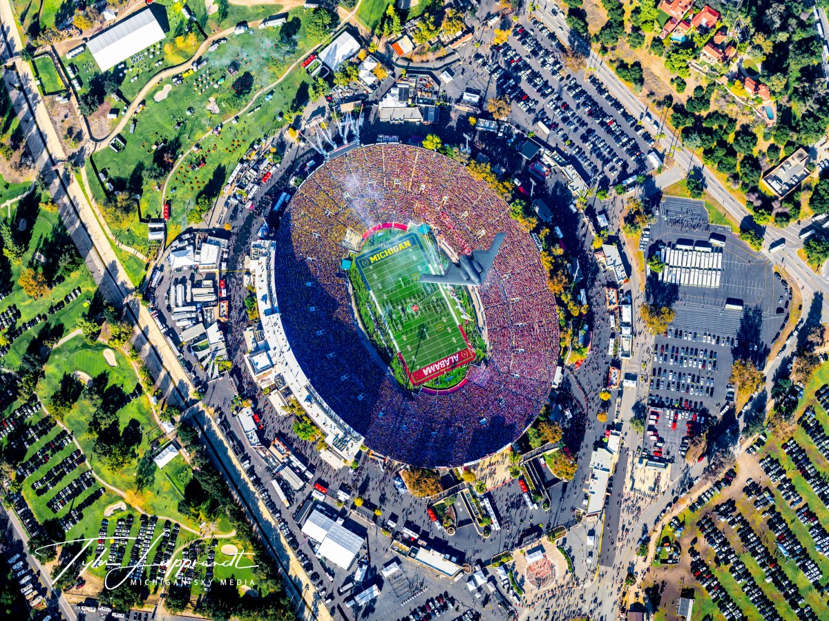 Stealth Jet Flying Over Rose Bowl by Tyler Leipprandt (Michigan Sky Media)