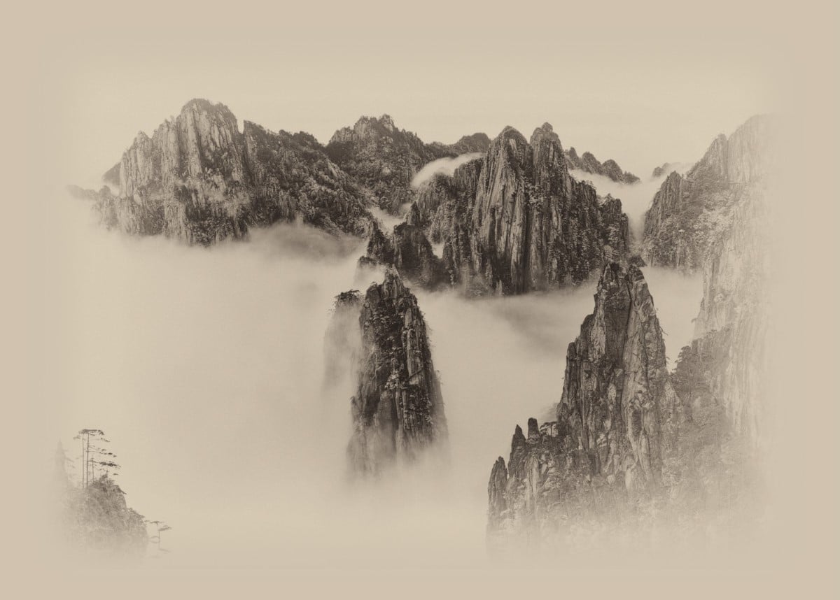 Black and white photo of China’s Huangshan range in the mist