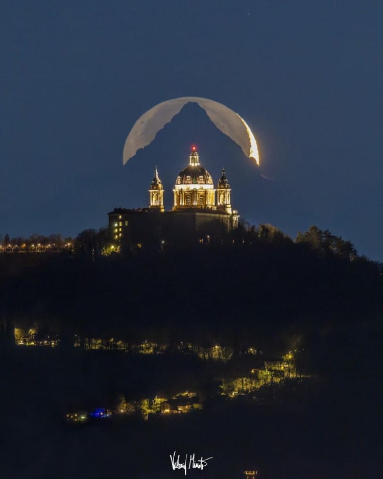 Basilica of Superga, Monviso, and Full Moon at Perfectly Aligned by Valerio Minato