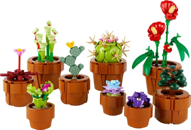 Nine LEGO Tiny Plants pots that include cacti, succulents, a Venus fly trap, Jade, Laceleaf, Red Sundew and Pitcher Plant.