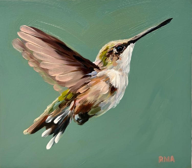 Oil painting of a hummingbird by Rachel Altschuler