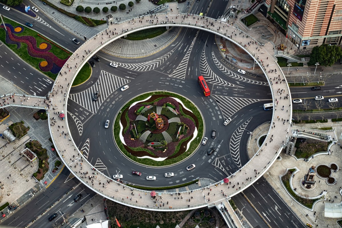 Aerial view of the Pearl Ring Roundabout in Shanghai, China