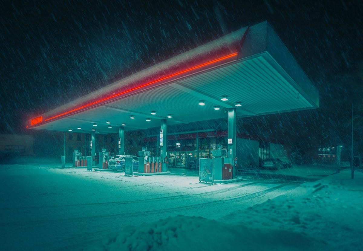 Gas station in the snow in the Czech Republic