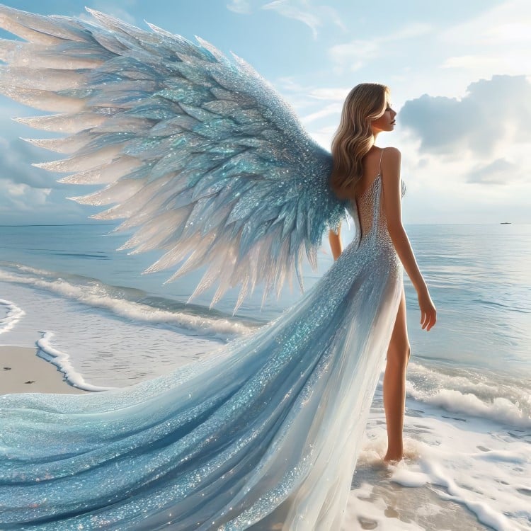 AI Generated Angel Standing on the Beach