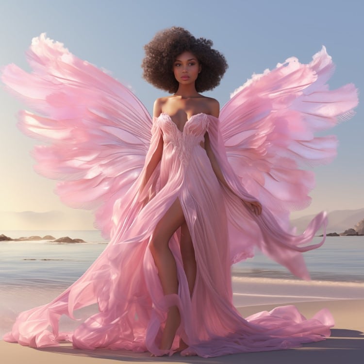 AI Generated African American Female Angel Standing on the Beach