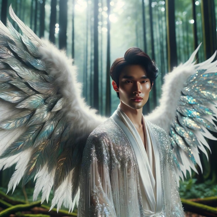 AI Generated Asian Male Angel Standing in the Woods
