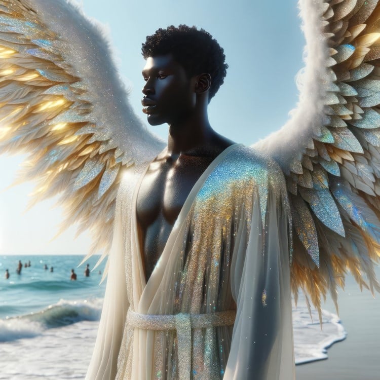 AI Generated African American Male Angel Standing on the Beach